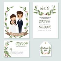 cute bride and groom on wedding invitations card template vector