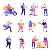 Set of Flat Postal Delivery Service Characters. Cartoon People Deliver Parcels, Postcards, Mail Around the World By Land and Air Transport. Vector Illustration.