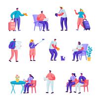 Set of Flat Diverse Young People with Luggage and Maps Traveling Characters. Cartoon People Tourist Characters Staying at Night, Accommodation for Travelers. Vector Illustration.