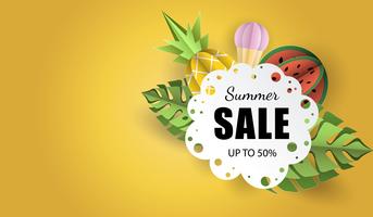 Vector summer background banner 3d paper cut with lace, ice cream. Fruit pineapple and watermelon. Flyer for advertising sales