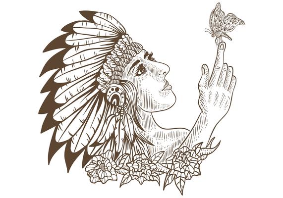 native american girl and butterfly handdrawn