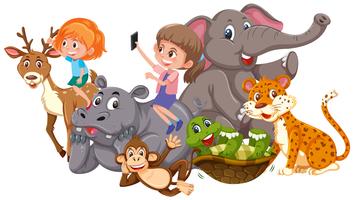 Children and wild animal vector