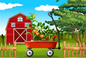 Farm scene with vegetables on wagon vector