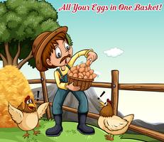 Póster idiomático para todos tus huevos en una cesta. vector