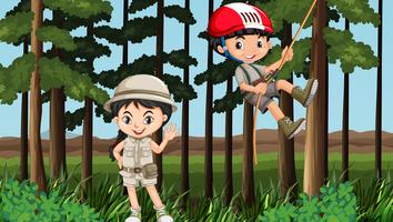 Boy and girl having fun in the forest vector