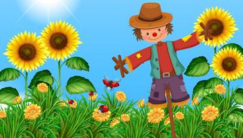 Scarecrow in the sunflower field vector