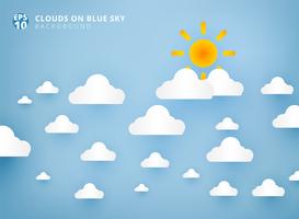 Sun and white clouds on pastel blue sky background design paper art and handicraft with copy space. vector