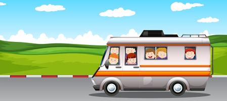 Children riding on camper van  vector