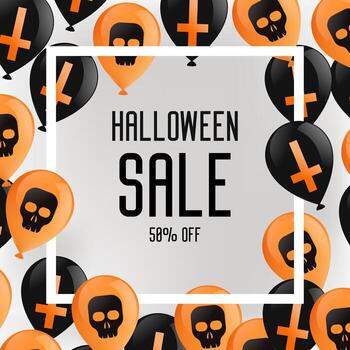Halloween booklet banner. Purple background with balloons, with crosses and skulls. Sale 50 percent. Vector flat illustration