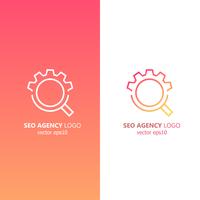 Logo de la agencia seo. Lupa con engranaje. Búsqueda y configuración. Vector gradiente ilustración plana