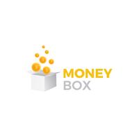 Logotipo de la caja de dinero. Premio de regalo con la ilustración de monedas de dólar. Vector