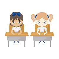 little student girls seated in school desks vector
