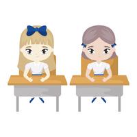 little student girls seated in school desks vector