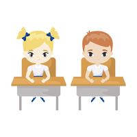 little students seated in school desks vector