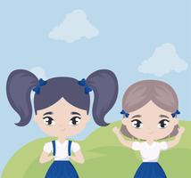 cute little student girls in landscape scene vector