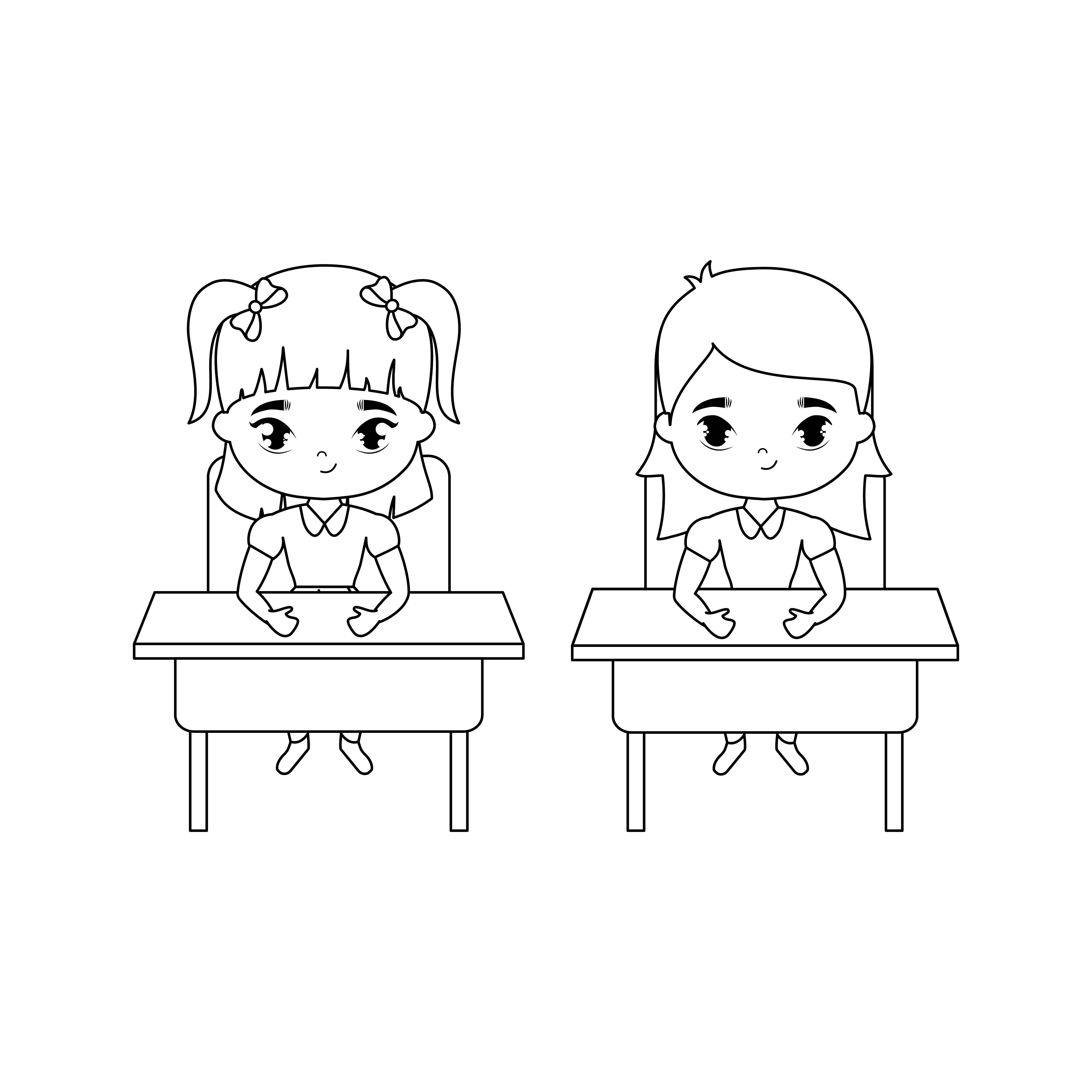 Little Student Girls Seated In School Desks Download Free