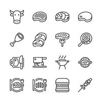 Conjunto de iconos relacionados con la carne. Ilustración de vector