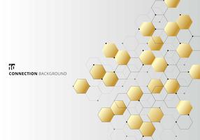 Abstract gold hexagons with nodes digital geometric with black lines and dots on white background. Technology connection concept. vector