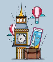big ben monument with air balloon and bag vector