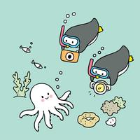 Pulpo y pingüino lindos de la historieta en el vector del mar.