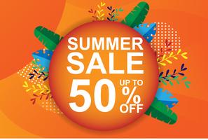 Summer sale banner, tag, web. Orange brochure and voucher. Holiday discount promotion and special price concept. Modern tropical palm, banana leaf. vector illustration design.  