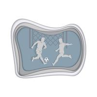 Soccer background with soccer players who hit the ball. Sport. Illustration with multi-layered cut paper.