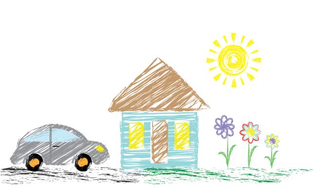 Children s drawing pencil with a picture of a house, a car. It can be used as a background, wallpaper, for decoration. Vector