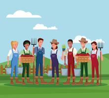 Agricultores que trabajan en caricaturas de la granja. vector