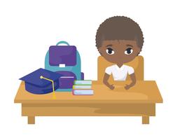 student boy afro sitting in school desk with supplies education vector