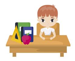 niño estudiante sentado en el escritorio de la escuela con suministros de educación vector