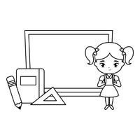 cute little student girl with board and supplies school vector