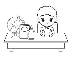 student boy sitting in school desk with supplies education vector