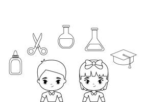 cute little students with supplies school vector
