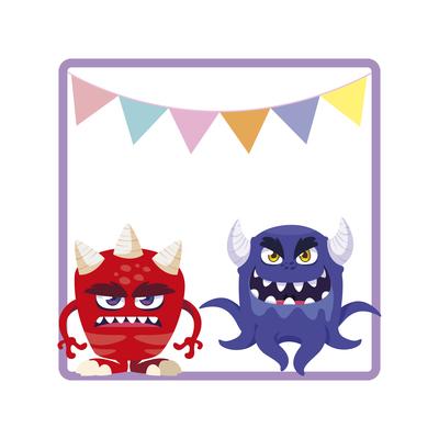 square frame with funny monsters and garlands hanging