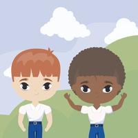 cute little student kids in landscape scene vector