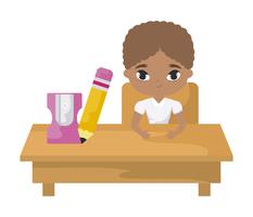 student boy afro sitting in school desk with supplies education vector