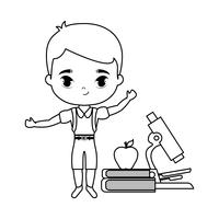 little student boy with supplies school vector