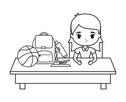 niña estudiante sentada en el escritorio de la escuela con suministros de educación vector