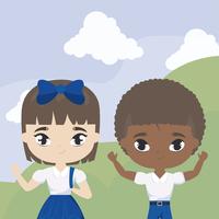 cute little students in landscape scene vector