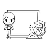 cute little student boy with board and supplies school vector