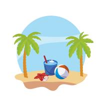 Playa de verano con palmeras y escena de cubo de agua. vector