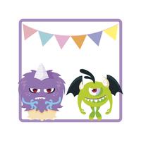 square frame with funny monsters and garlands hanging vector