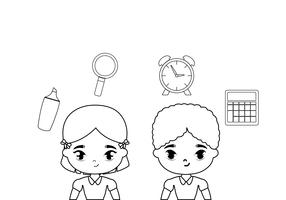 cute little students with supplies school vector