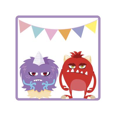 square frame with funny monsters and garlands hanging