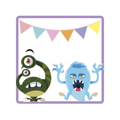 square frame with funny monsters and garlands hanging