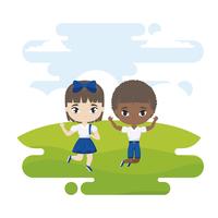 cute little students celebrating in landscape scene vector