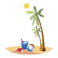 Playa de verano con palmeras y escena de cubo de agua. vector