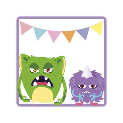 square frame with funny monsters and garlands hanging