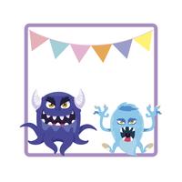 square frame with funny monsters and garlands hanging vector