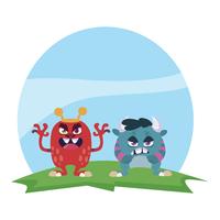 funny monsters couple in the field characters colorful vector